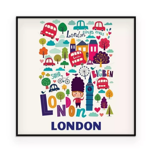 Poster Londons Inschriften und Symbole in einem farbenfrohen Cartoon-Stil