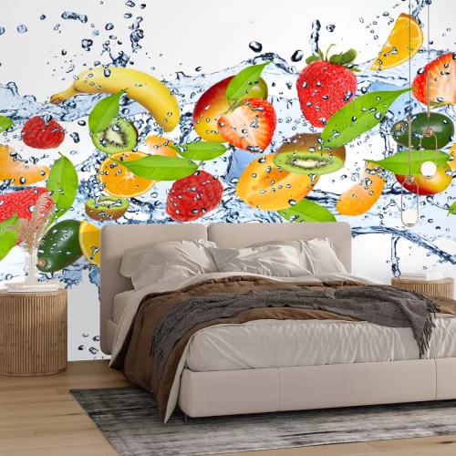 Sticker Frische Früchte in Wasser spritzen, isoliert auf weißem Hintergrund