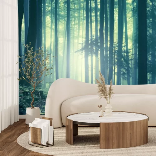 Fototapete Nebelige Waldlandschaft am Morgen