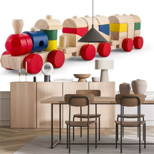 Sticker Hölzerne Spielzeugserie mit bunten Blöcke isoliert über weiß