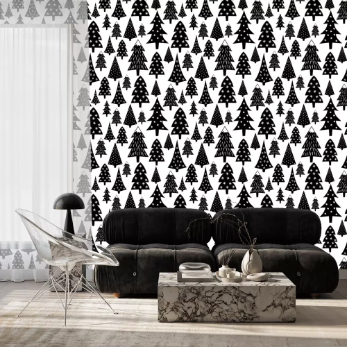 Tapete Schwarz-weißer Nadelwald