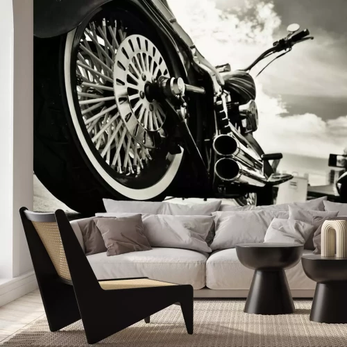 Sticker Detail eines Motorrads in Schwarz-Weiß