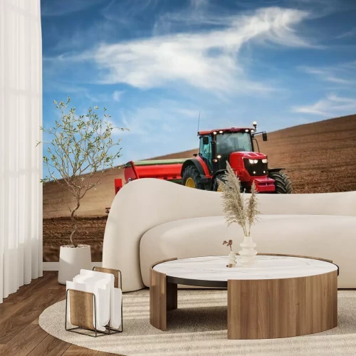 Fototapete Landwirt mit Traktor Sämereien auf Feld