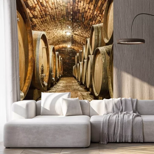 Fototapete Ein gemauerter Keller mit Holzfässern
