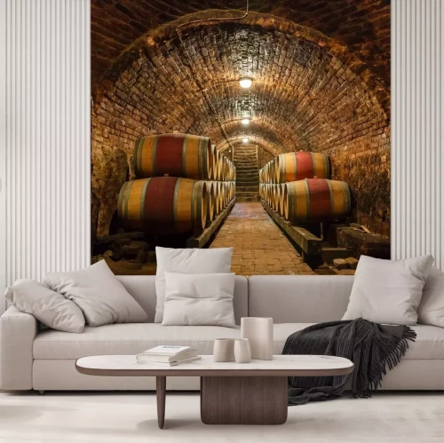 Fototapete Keller aus Ziegeln mit Reihen von Holzfässern