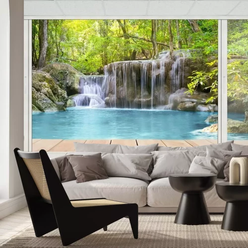 Fototapete Türkisfarbener Wasserfall im Wald Blick aus dem Fenster