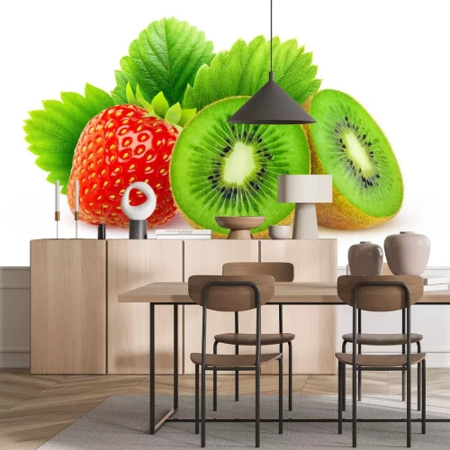 Sticker Geschnittene Kiwi und eine große Erdbeere