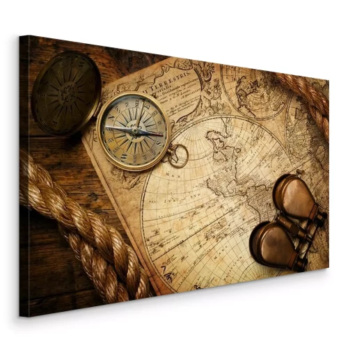 Bild Alter Kompass, Fernglas und Seile auf einer alten Weltkarte