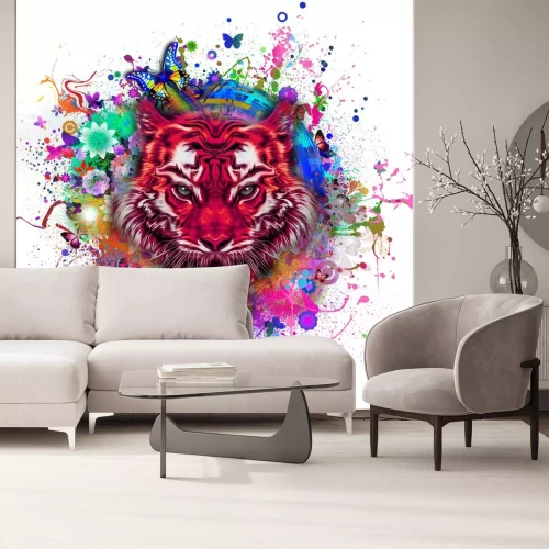 Sticker Tiger in Rot und bunte Farbflecken