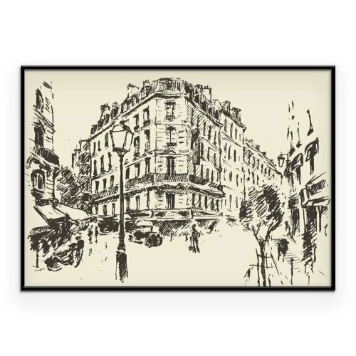 Poster Eine Comicstraße in Paris mit einer Straßenlaterne im Vordergrund