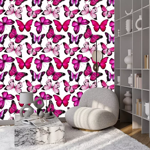 Tapete Große rosa Schmetterlinge auf weißem Hintergrund