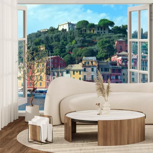 Fototapete Blick auf die italienischen Stadthäuser von Portofino aus dem Fenster