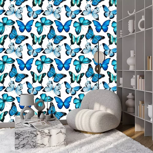 Tapete Blaue große Schmetterlinge auf weißem Hintergrund