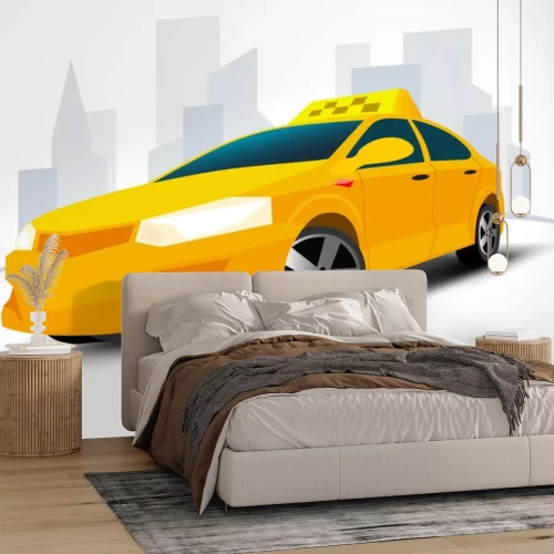 Sticker Taxi-Auto mit Stadt isoliert