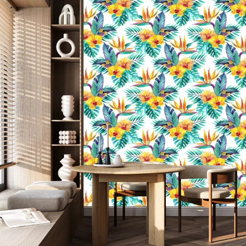 Tapete Tropische Blätter und Blumen. Floral Design Hintergrund.