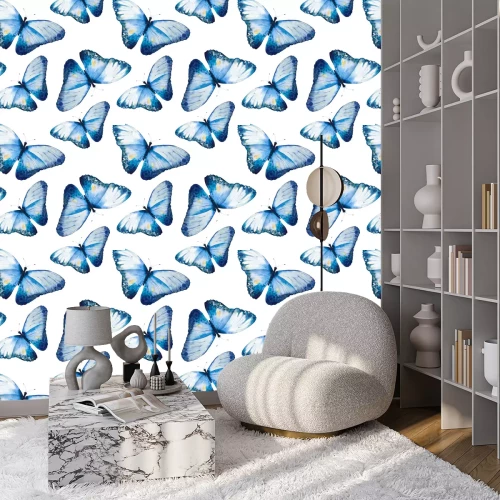 Tapete Zarte blaue Schmetterlinge auf weißem Hintergrund
