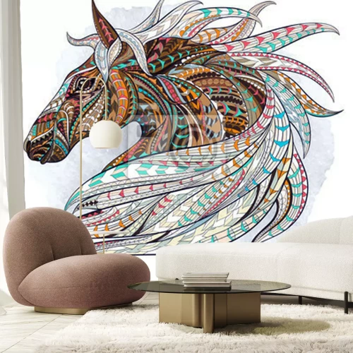 Sticker Patterned Kopf des Pferdes auf dem Grunge-Hintergrund. Afrikanisch / indisch / Totem / Tätowierungentwurf. Es kann für die Gestaltung eines T-Shirt, Tasche, Postkarte, ein Poster und so weiter verwend