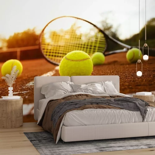 Sticker Tennisbälle mit Schläger auf Sandplatz