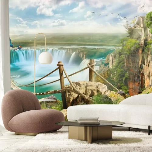 Fototapete Brücke über Wasserfall