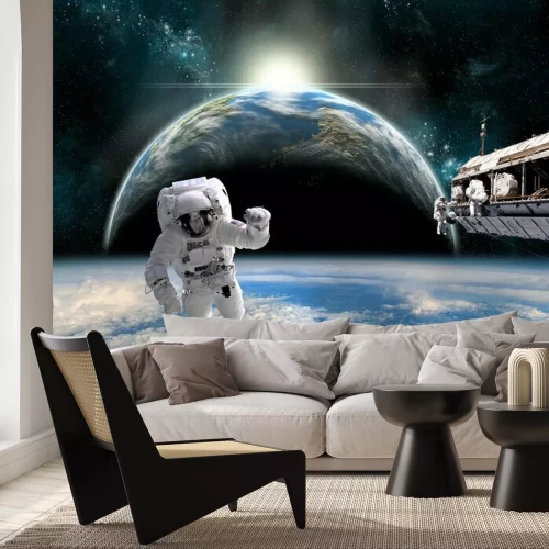 Sticker Weltraum mit einem Astronauten und seinem Raumschiff