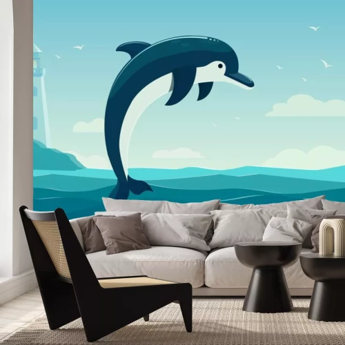 Sticker Ein springender Delphin, blauer Seehintergrund mit Wellen und Leuchtturm. Abbildung