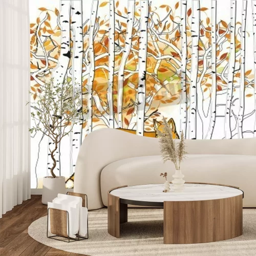 Fototapete Birken und roter Fuchs