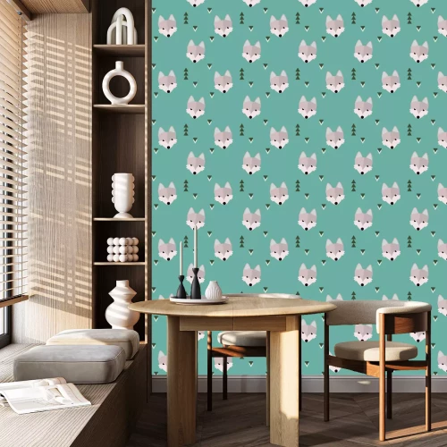 Tapete Wölfe und Weihnachtsbäume für Kinder im skandinavischen Stil