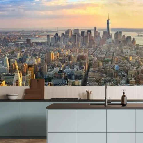Fototapete Manhattan bei Sonnenuntergang aus der Vogelperspektive