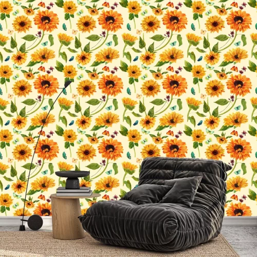Tapete Bunte Schmetterlinge und Sonnenblumen