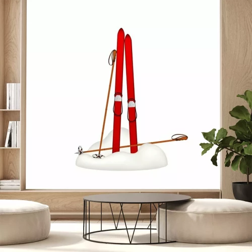 Sticker Alte hölzerne Skis und alte Skistöcke stehen im Schnee