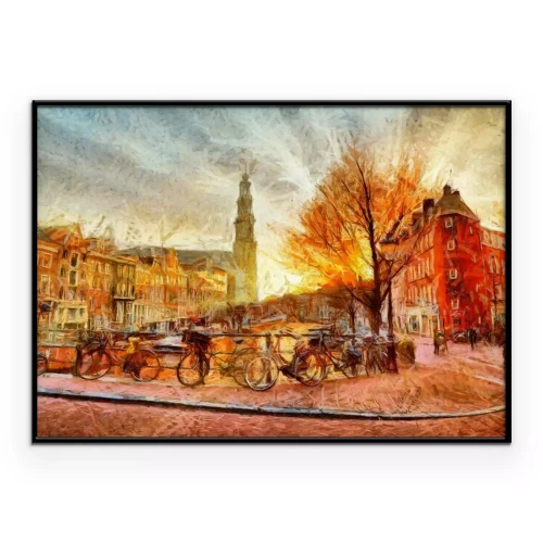 Poster Eine künstlerische Aufnahme eines Sonnenuntergangs in Amsterdam