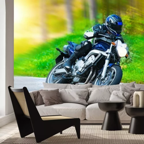 Fototapete Motorradfahrer im Wald Straße