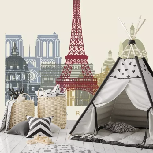 Fototapete Illustration von Pariser Wahrzeichen mit dem Eiffelturm auf beigem Hintergrund