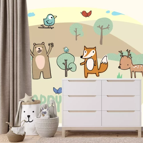 Sticker Glückliche Wald- und lustige Tieransammlung, Vogel, Fuchs, Bär, Rotwild, Kaninchen