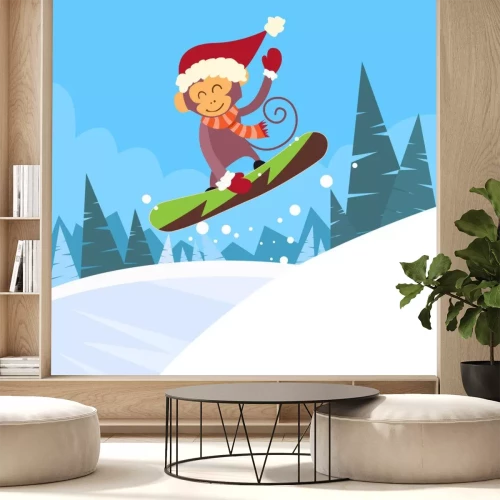Sticker Affe Snowboarder Sliding Down Hill, Winter Banner Snowboardfahren