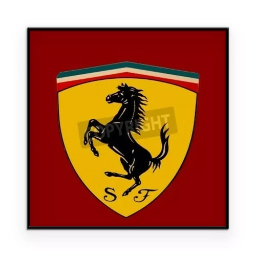Poster Ferrari-Logo mit einem schwarzen Pferd auf gelbem Hintergrund