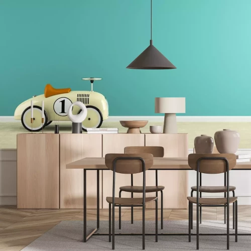 Sticker Teil des Interieurs mit stilvollen beige Spielzeugauto 3D-Rendering