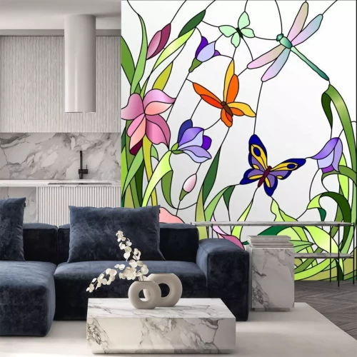 Sticker Glasfenster mit Blumen und Schmetterlingen