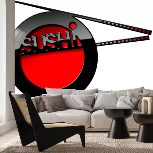 Sticker Platte mit Sushi-Aufschrift und Stäbchen