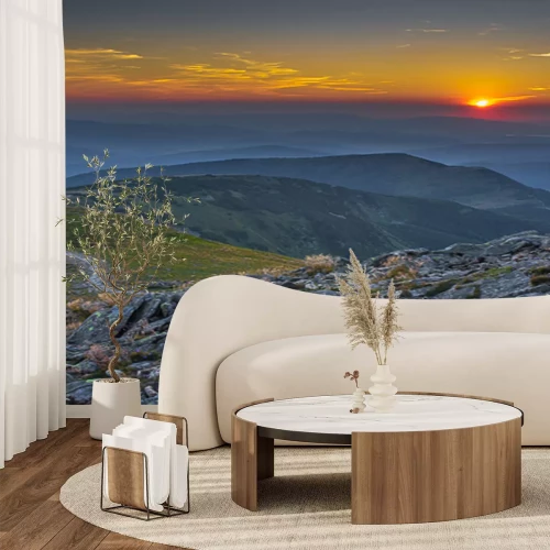 Fototapete Sonnenuntergang hinter den Bergen
