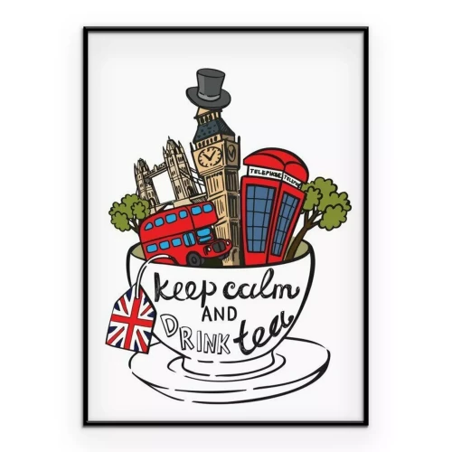 Poster Eine witzige Komposition mit britischen Symbolen und einer Tasse