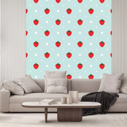 Sticker Vector nahtlose Muster mit Erdbeeren und weißen Punkten