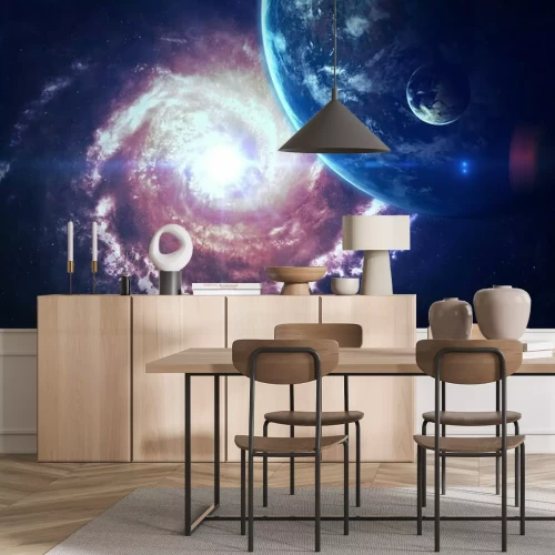 Fototapete Weltraum mit Spiralgalaxie und Planeten