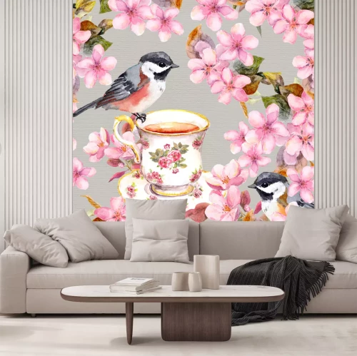 Sticker Frühlingsvögel und eine Tasse