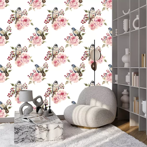 Tapete Rosen und Ebereschen auf weißem Hintergrund