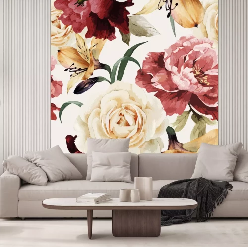 Fototapete Lilien und Rosen auf einem Vintage-Muster