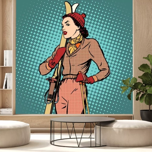 Sticker Grafik im Retro-Stil einer Frau mit Skiern