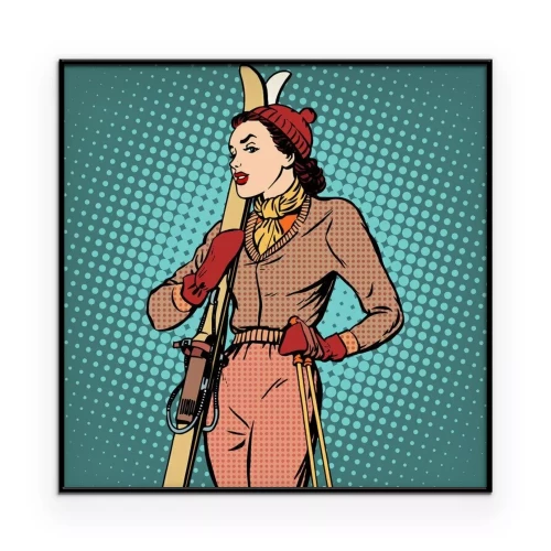 Poster Grafik im Retro-Stil einer Frau mit Skiern
