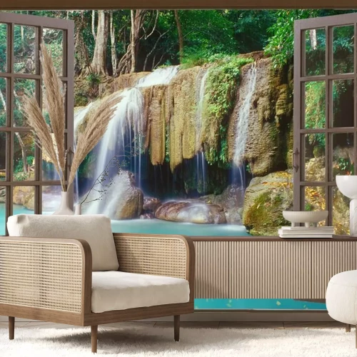 Fototapete Ein Fenster mit Blick auf einen tropischen Wasserfall