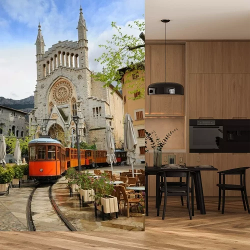 Sticker Alte Tram vor der Kathedrale von Soller, Mallorca, Spanien